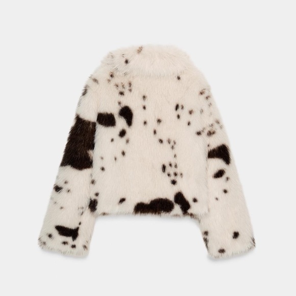 Zara Faux Fur Cropped Jacket White with Brown Spots Cow Print Coat - Picture 2 of 5